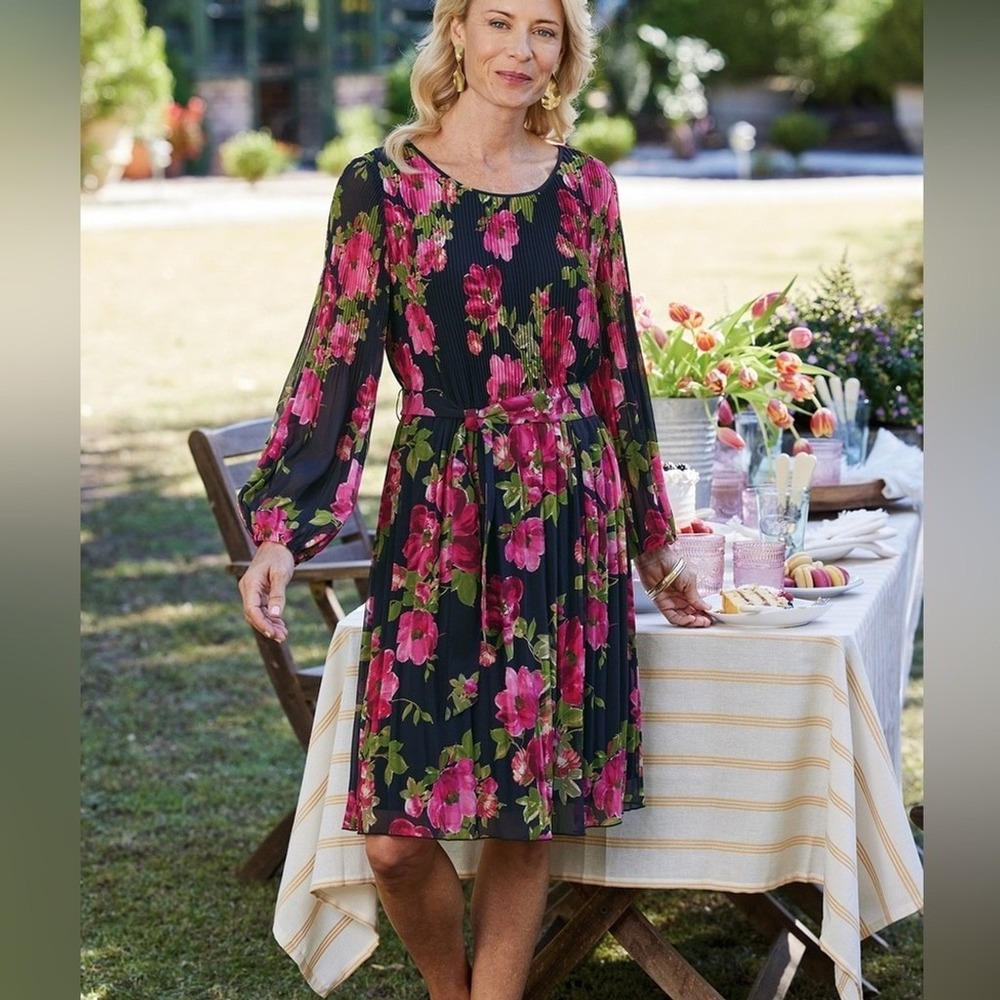 Soft Surroundings Ondine Pleated Mini Dress‎ Black Pink Petals PS NWT